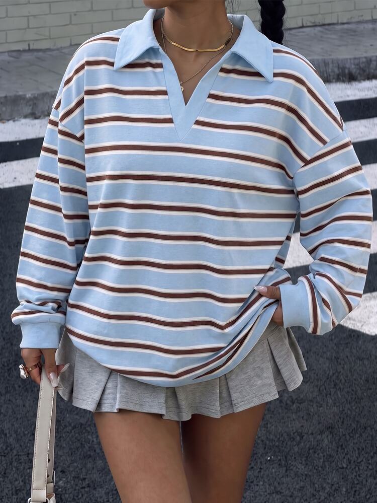 Muchica Women's Striped Casual Versatile Everyday Long Sleeve Sweatshirt - Blue - View 5