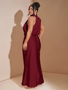 SHEIN BAE 大尺碼女款純色休閒派對掛脖洋裝聖誕節 - 酒紅色 - 查看 2