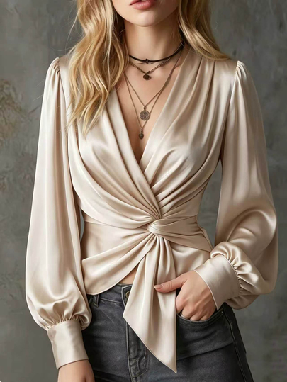 SHEIN Women's Fall Winter Linen Feel Satin Blouse Deep V Neck Twist Front Tie Waist Lantern Long Sleeve Elegant Wrap Top