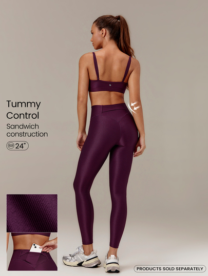 GLOWMODE 24" GlossFit Shiny High-Rise Leggings With Back Waist Pocket Flap Secure Phone Storage Mesh Sandwich Waistband Anti-Slip Structure Yoga Pilates