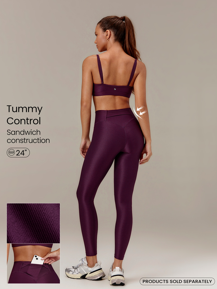 GLOWMODE 24" GlossFit Shiny High-Rise Leggings With Back Waist Pocket Flap Secure Phone Storage Mesh Sandwich Waistband Anti-Slip Structure Yoga Pilates - Bold Plum - View 1