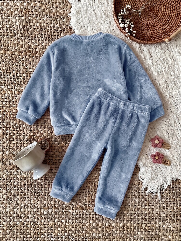 SHEIN Newborn Baby Girl Cartoon Embroidered 3D Ear Design Sweatshirt And Winter Autumn Pants Set - Dusty Blue - View 2