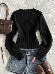 Elamini Sweater Pullover Wanita Model V-Neck untuk Musim Gugur/Dingin, Gaya Santai, Serbaguna untuk Sehari-hari, Cocok untuk Perjalanan, Kencan, dan Berfoto. - Hitam - View 1
