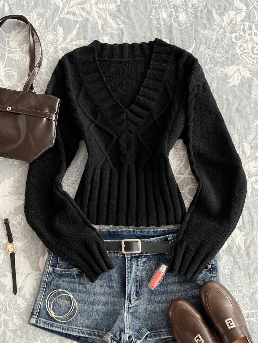 Elamini Sweater Pullover Wanita Model V-Neck untuk Musim Gugur/Dingin, Gaya Santai, Serbaguna untuk Sehari-hari, Cocok untuk Perjalanan, Kencan, dan Berfoto. - Hitam - View 1