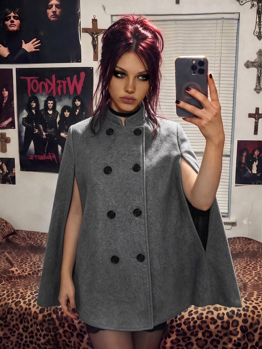 EgrlEra Small High Neck Double-Breasted Decor Cape Overcoat Casual Outing - Dark Grey - View 1