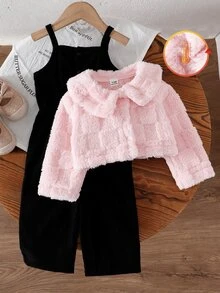 SHEIN 女嬰粉色休閒加厚抓絨格紋提花連身褲套裝，秋冬款 - 黑色 - 查看 1