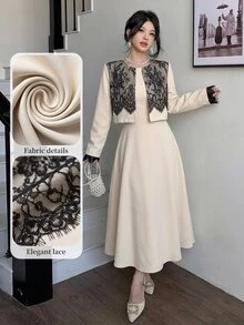 Modelyn Elegant Lace Patchwork Short Jacket & Sleeveless Dress Set - Black and Apricot - View 8