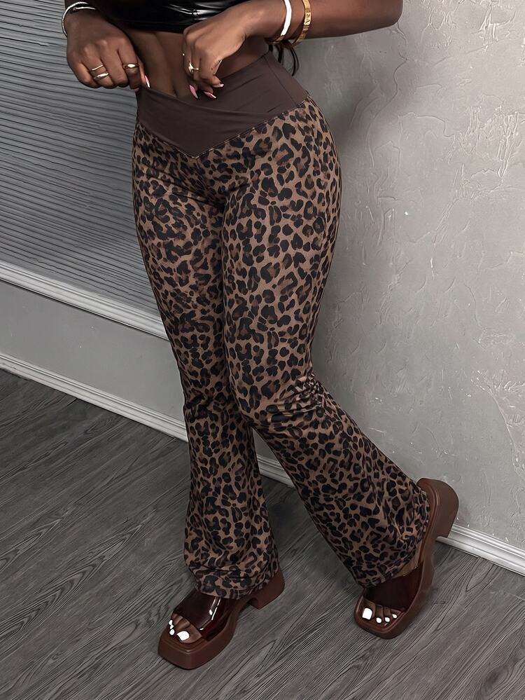 Slaydiva New Fall/Winter Women Leopard Print Flare Leggings High Waist Stretchy Yoga Pants/Streetwear/Going Out/Y2k/Back To School/Casual/Holiday/Night Club/ - Multicolor - View 4