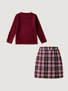 Elladie kids 少女美式學院風服飾套裝，紋理長袖T恤上衣與配套鈕扣裙 2件套搭配組合 - 酒紅色 - 查看 2