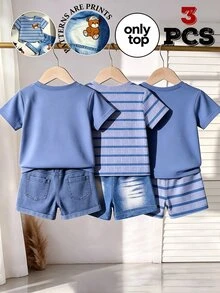 小男孩 3 件組上衣套裝 可愛恐龍熊條紋圖案短袖 T-shirt 多件組 - 彩色 - 查看 2