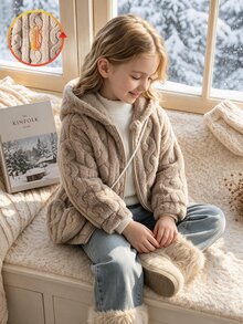 Elladie kids YOUNG GIRLS 棕色粗針織抓絨拉鍊連帽外套夾克，附毛絨斜背小包 2 件套長袖上衣，秋季服飾，毛絨加厚 - 卡其色 - 查看 3