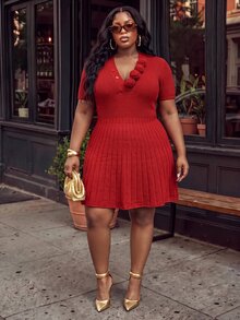 Slaydiva Plus Size VNeck Ruffle Hem Knit Mini Dress, Short Sleeve Slim Fit Party Dress - Red - View 8