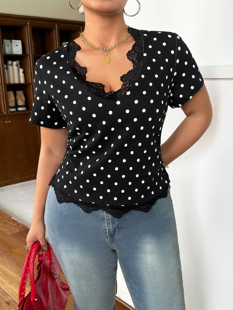 Rivivi Plus Size Women Polka Dot Contrast Lace V-Neck Short Sleeve Fashion Denim Top - Black - View 1