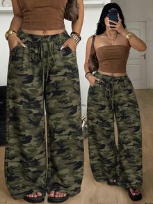 Coolane Plus Size Women's Drawstring Waist Camouflage Casual Daily Travel Long Pants - Multicolor - View 1