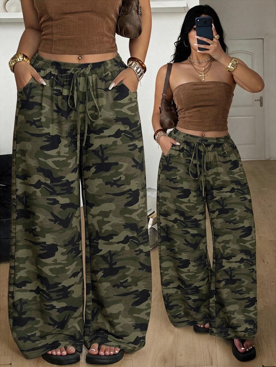 Coolane Plus Size Women's Drawstring Waist Camouflage Casual Daily Travel Long Pants - Multicolor - View 1