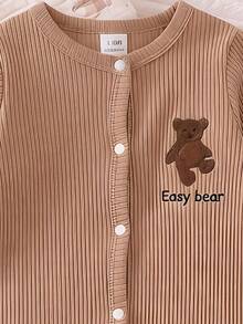 Newborn Long Sleeve Footed Romper, Khaki Soft Ribbed Bear Embroidery Baby Jumpsuit, Round Neck Front Button Closure Footed Baby - Multicolor - View 5