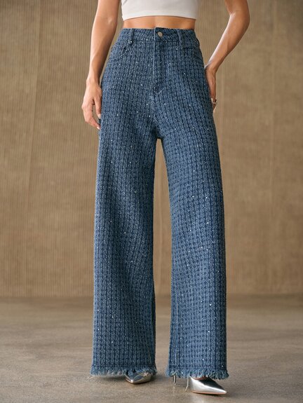 Anewsta Women's Casual Jacquard Rhinestone Denim Wide Leg Pants With Pockets