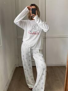 DAZY Cute Black And White Loose Long Sleeve T-Shirt Straight Leg Long Pajama Pants 2pcs Set Women's Sleepwear Sleep Home Fall Casual - Grey - View 4