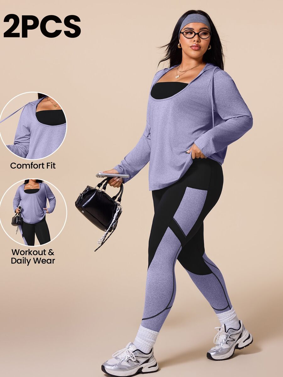 SHEIN Rhythm Era 大尺碼女款長袖連帽T恤與緊身褲對比色運動服套裝 冬季 - 彩色 - 查看 1
