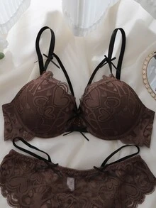 DelicateAllure 女款蕾絲拼接細肩帶內衣與三角內褲性感內衣套裝 - 咖啡棕 - 查看 5