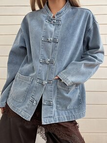 DAZY Deep Blue Stand Collar Single-Breasted Metal Button Loose Drop Shoulder Long Sleeve Casual Versatile Denim Jacket - Blue - View 7
