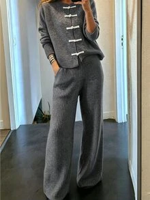 LUMIGAL Women's 2 Pieces Set: Round Neck New Chinese Style White Cardigan With Frog Buttons, Long Sleeves, Ribbed Cuffs, Vertical Ribbed Knit, And High-Waist Elastic Wide-Leg Pants - Grey - View 6