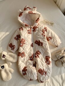 SHEIN 中性新生兒嬰兒男/女童、幼兒秋冬保暖內裡加厚可愛熊造型連帽連身衣、嬰兒冬季連身衣、雪衣、吊帶褲 - 杏色 - 查看 7