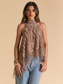 SHEIN BAE Women's Lace Patchwork Casual Versatile Daily Wear Halter Neck Top - Multicolor - View 3