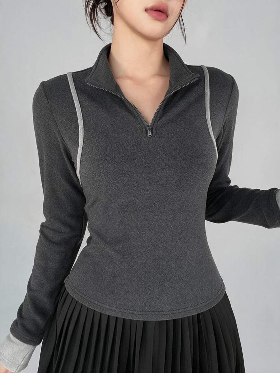 DAZY Women's Autumn/Winter Korean Style Dark Gray Half-Zip Turn-Down Collar Slim Fit Contrast Line Decor Fitness Outdoor Running Polo Shirt Casual Sports T-Shirt - Dark Grey - View 1