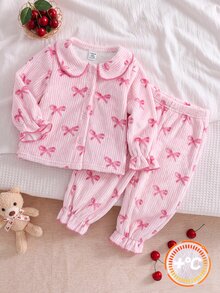 SHEIN 女嬰蝴蝶結圖案長袖單排扣上衣與長褲家居服套裝 秋季 - 粉色 - 查看 1