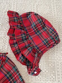 SHEIN 2pcs Baby Girls Princess Dress Sweet Red Plaid Bow Ruffle Lace Trimmed Hem Long Sleeve Ruffle Regular Winter Holiday Burgundy Chic Match Hat - Red - View 8