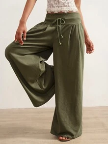 Bohemela Casual Solid Color Knit Wide Leg Women's Pants - Green - View 3