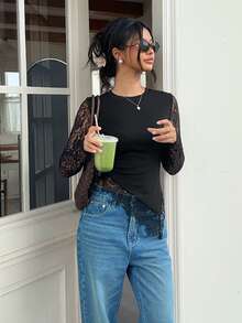 SHEIN Frenchy 女款蕾絲拼接性感約會長袖T恤，秋冬優雅正式奢華商務時尚基礎款，聖誕返校節慶適用 - 黑色 - 查看 7