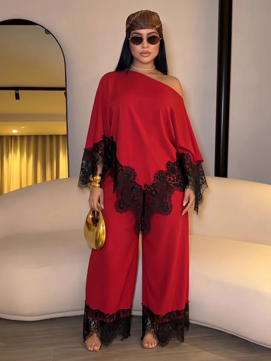 SOLERSUN Plus Size French Style Asymmetric Hem Asymmetrical Shoulder Top And Lace Patchwork Loose Long Pants 2 Pieces Set Fall - Red - View 1