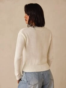 SHEIN Glamour كنزة نسائية بلون موحد كاجوال متعددة الاستخدامات يومية بأكمام طويلة - أبيض - مشاهدة 2