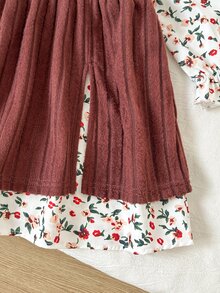 SHEIN Girls' Elegant Rose Dusty Pink Knitted Ribbed Patchwork Floral Digital Print Ruffle Collar 2 In 1 Dress, Autumn - Brown - View 3