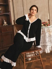 Côtesoire Plus Size Women French Elegant Contrast Color Long Sleeve Pajama Pants Set - Black and White - View 6