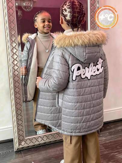SHEIN Kids Tween Boy Thermal Lined Thick Dark Gray Jacket, Autumn/Winter, Quilted Coat, Winter Coat, Parka Coat, Padded Coat, Padded Coat, Quilted Coat