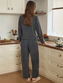 Doze Lane Casual Plush Open Front V-Neck Long Sleeve Long Pants Women's Pajama Set - Dark Grey - View 2