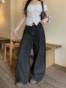 DAZY 女款條紋韓系休閒寬鬆牛仔褲 - 黑色 - 查看 7