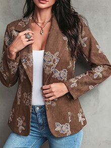 Linhara CURVE Plus Size Women's Floral Print Casual Commute Blazer - Brown - View 5