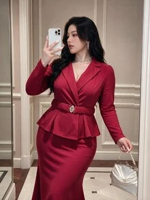 Vibekara Burgundy Suit Collar 2 Pieces Set, Party Dress With Cinched Waist Ruffle Top And Mermaid Skirt, Elegant Outfit - Burgundy - View 3