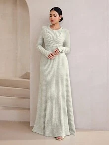Graceveil French Style Cinched Waist Ribbon Knit Dress, Slimming Round Neck Vertical Striped Draped Floor-Length Dress - Grey - View 1