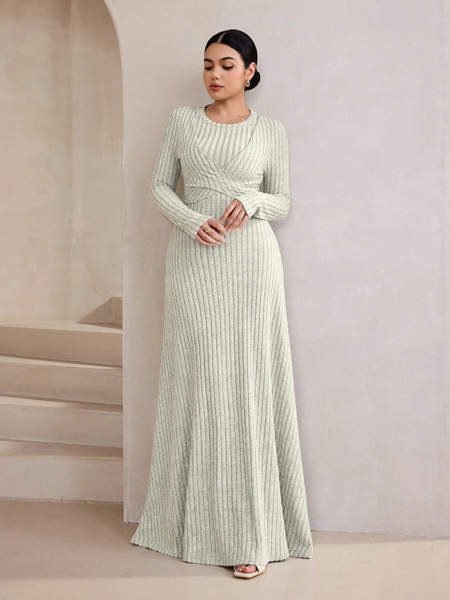 Graceveil French Style Cinched Waist Ribbon Knit Dress, Slimming Round Neck Vertical Striped Draped Floor-Length Dress - Grey - View 1