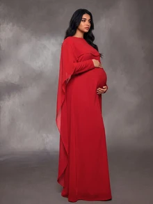 Cheriluna Maternity 大尺碼純色休閒浪漫優雅派對正式洋裝，適合孕婦，秋季聖誕紅 - 紅色 - 查看 3