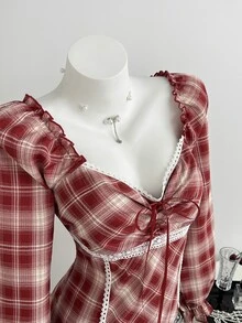 Elamini Sweet Sexy Style Bow Lace Patchwork Square Neck Plaid Petal Sleeve Long Sleeve Blouse - Red - View 5
