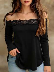 EMERY ROSE Plus Size Women's Elegant Sexy Casual Minimalist Commute Versatile Slimming Daily Lace Trim Patchwork Off-Shoulder Design Long Sleeve T-Shirt Fall - Black - View 1