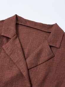 Poshavie Poshavie Plus Size Blazer Collar Wrap Long Sleeve Top & Elastic Waist Cuffed Pants Casual 2 Pieces Set - Coffee Brown - View 6