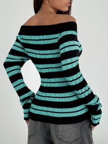 Flirla Women's Casual Striped Off-Shoulder Long Sleeve Sweater - Mint Blue - View 2