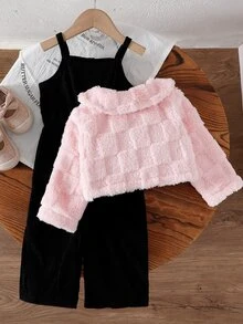 SHEIN 女嬰粉色休閒加厚抓絨格紋提花連身褲套裝，秋冬款 - 黑色 - 查看 2